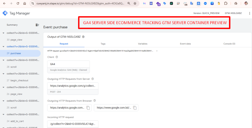 ga4 server side ecommerce tracking gtm server container preview