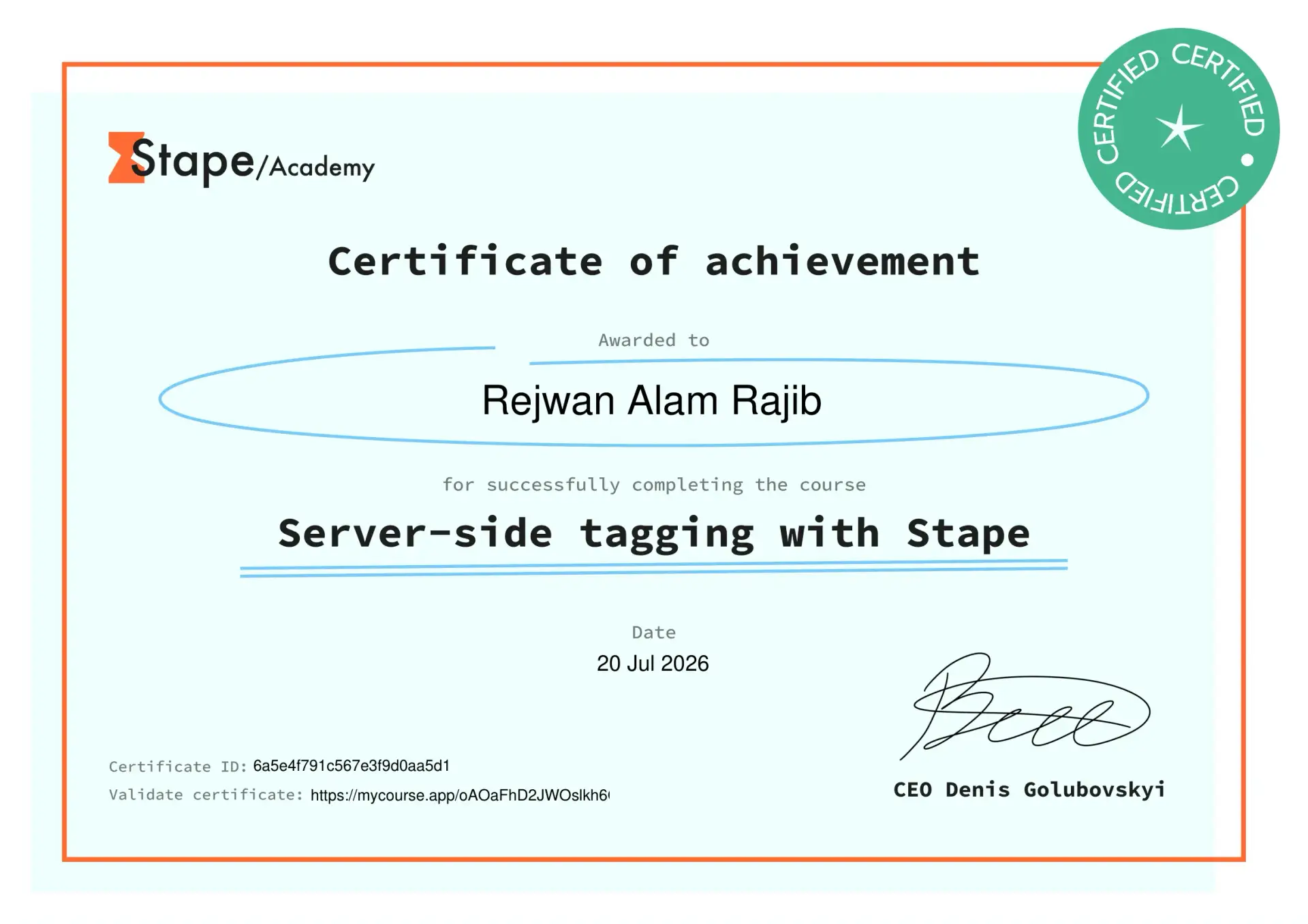 certificate server side tagging with stape